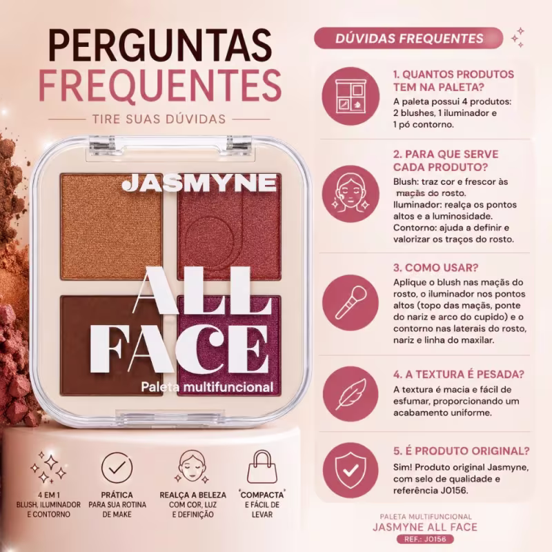 Paleta Multifuncional Jasmyne All Face Blush, Iluminador e Contorno C Ref.: J0156