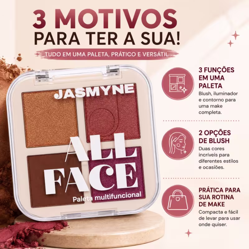 Paleta Multifuncional Jasmyne All Face Blush, Iluminador e Contorno C Ref.: J0156
