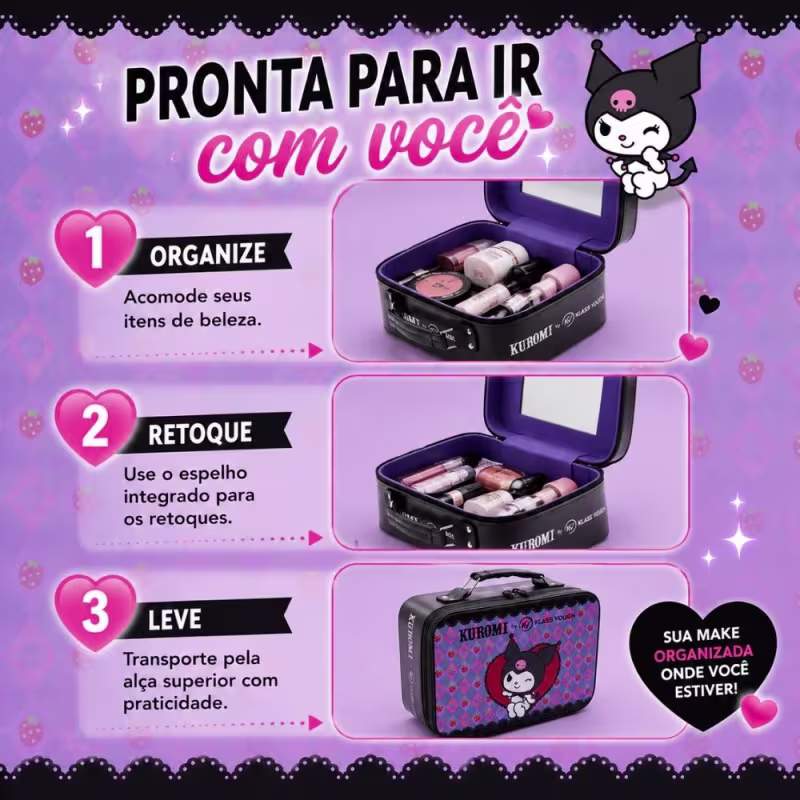 Maleta Mini Para Maquiagem Kuromi By Klass Vough Com Espelho Km03