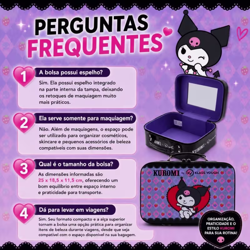 Maleta Mini Para Maquiagem Kuromi By Klass Vough Com Espelho Km03