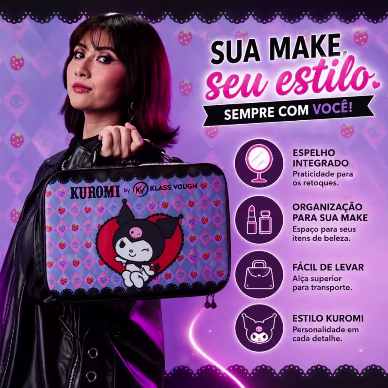 Maleta Mini Para Maquiagem Kuromi By Klass Vough Com Espelho Km03