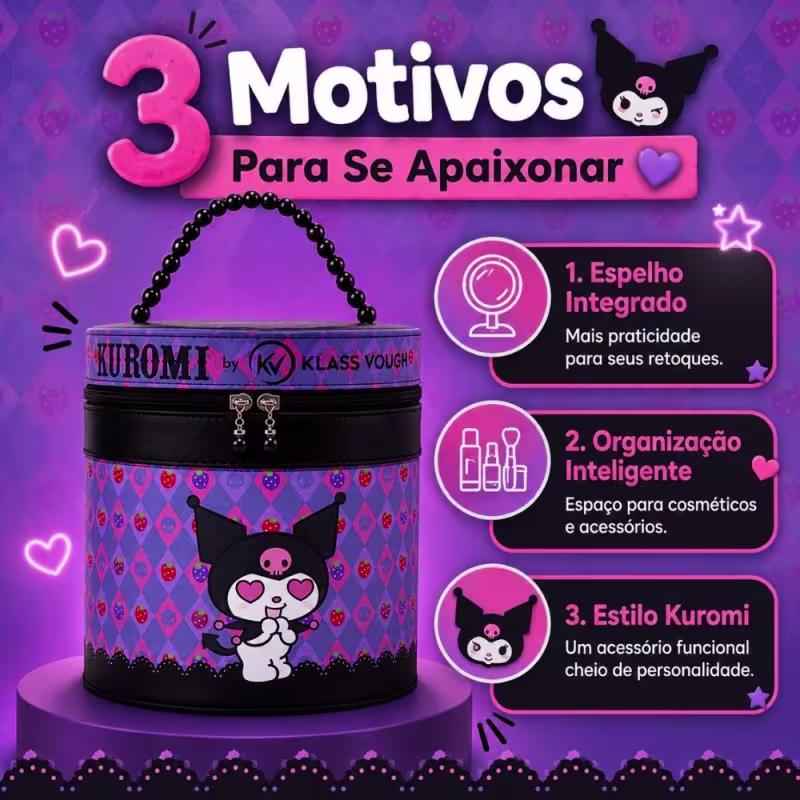 Necessaire Redonda Kuromi By Klass Vough Com Espelho Km01