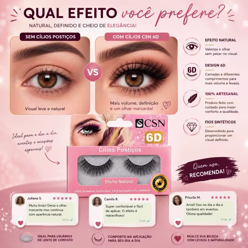 Cílios Postiços Cisne Csn 6D Efeito Natural Cc-6102