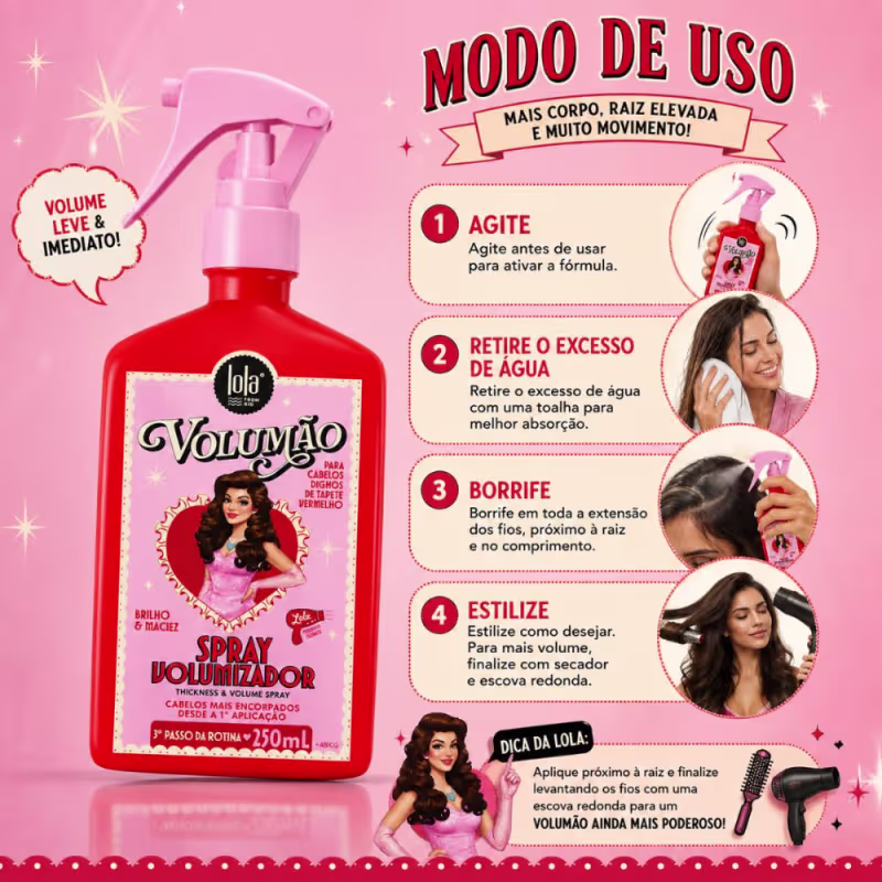 Spray Volumizador Lola Volumão Brilho e Maciez Com Proteção Térmica 250ml
