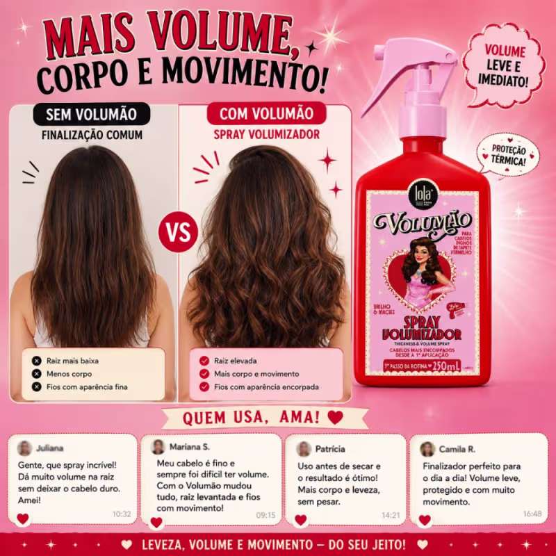 Spray Volumizador Lola Volumão Brilho e Maciez Com Proteção Térmica 250ml