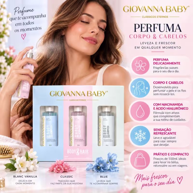 Kit Giovanna Baby Mini Body Splash Clássicos Eternos Body & Hair: Blue, Classic e Blanc Vanilla 100ml
