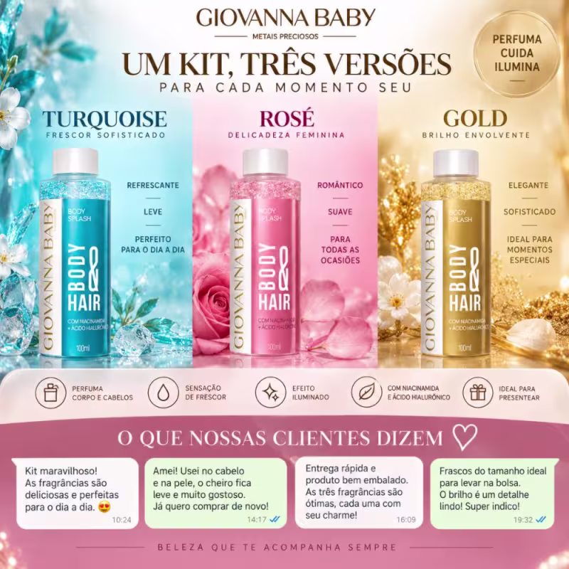 Kit Giovanna Baby Mini Body Splash Metais Preciosos Body & Hair: Turquoise, Rosé & Gold 100ml