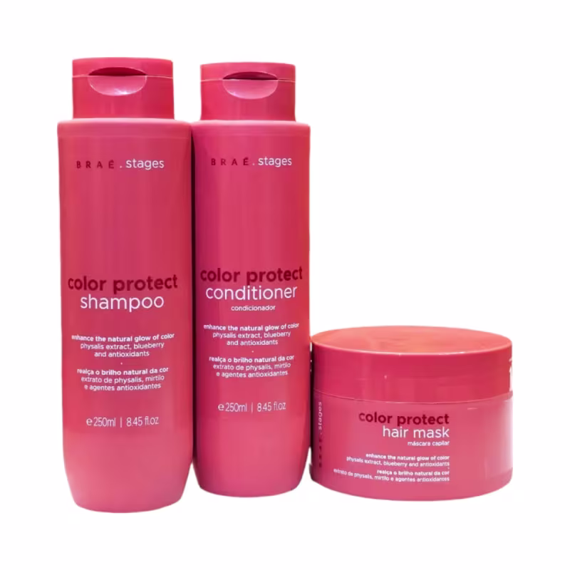 Conjunto de produtos de beleza da marca Braé, incluindo shampoo, condicionador e máscara capilar na cor rosa, com embalagens cilíndricas e tampa destacável, destacando os benefícios de proteção da cor.