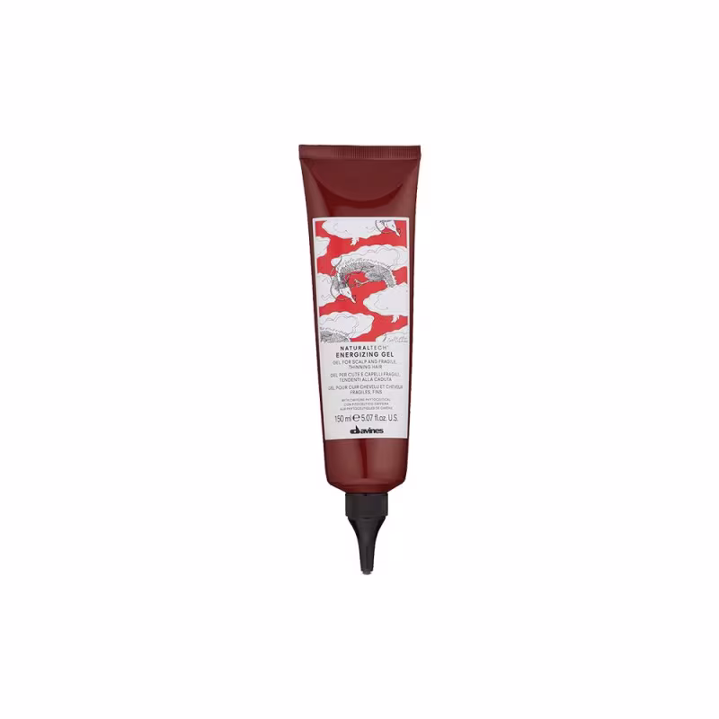 Tubo de gel energizante natural da marca Davines, com embalagem vermelha e branca, contendo 150 ml do produto. O rótulo apresenta o nome "Naturaltech Energizing Gel" e informações sobre a composição e uso do produto.