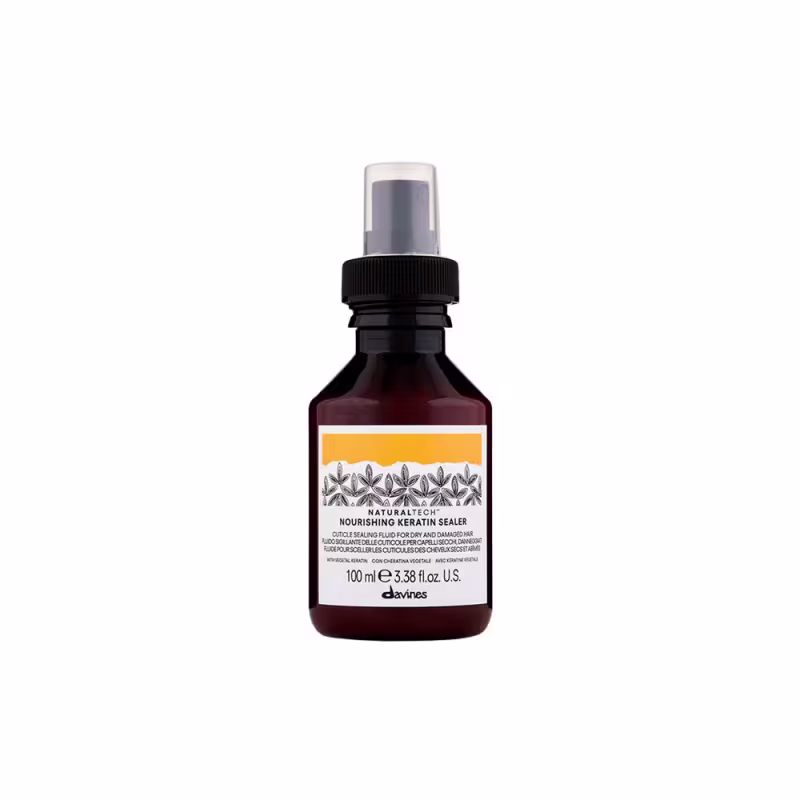 Frasco de 100 ml de um selador nutritivo de queratina da marca Davines, com rótulo em tons de laranja e preto, contendo informações sobre o produto.