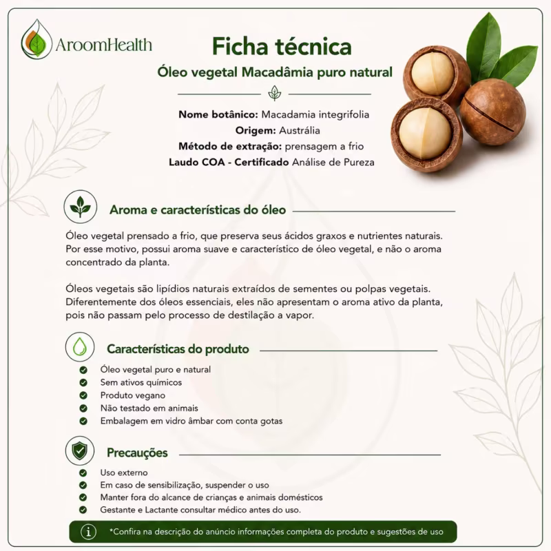 Óleo Vegetal Puro Natural de Macadâmia 30 ml