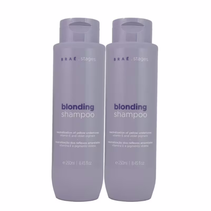 Dois frascos de shampoo Braé Stages Blonding, com 250ml cada, em embalagem cinza com texto em inglês e português indicando a neutralização de reflexos amarelados e pigmento violeta.