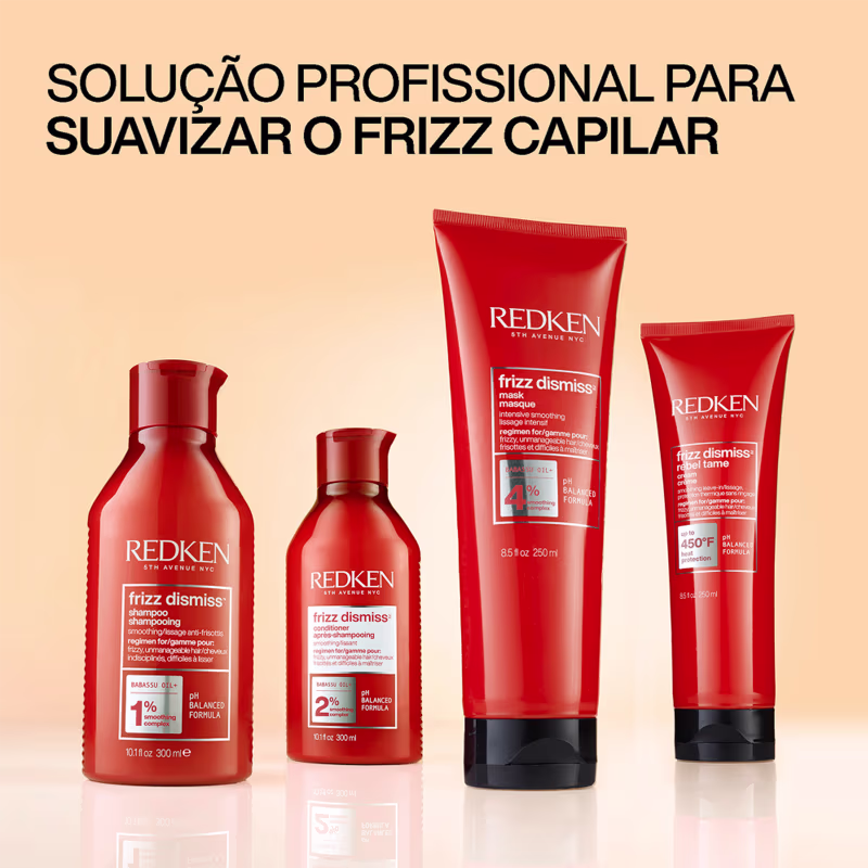Solução profissional para suavizar o frizz capilar. Produtos da marca Redken: shampoo, condicionador e máscaras para cabelos rebeldes e frizados.