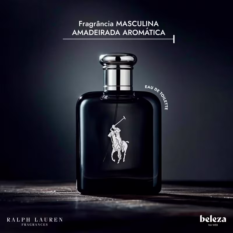 Frasco de item de perfumaria masculina da marca Ralph Lauren, com embalagem preta e logotipo prateado, apresentando texto "Fragrância MASCULINA AMADEIRADA AROMÁTICA" e "Eau de Toilette".