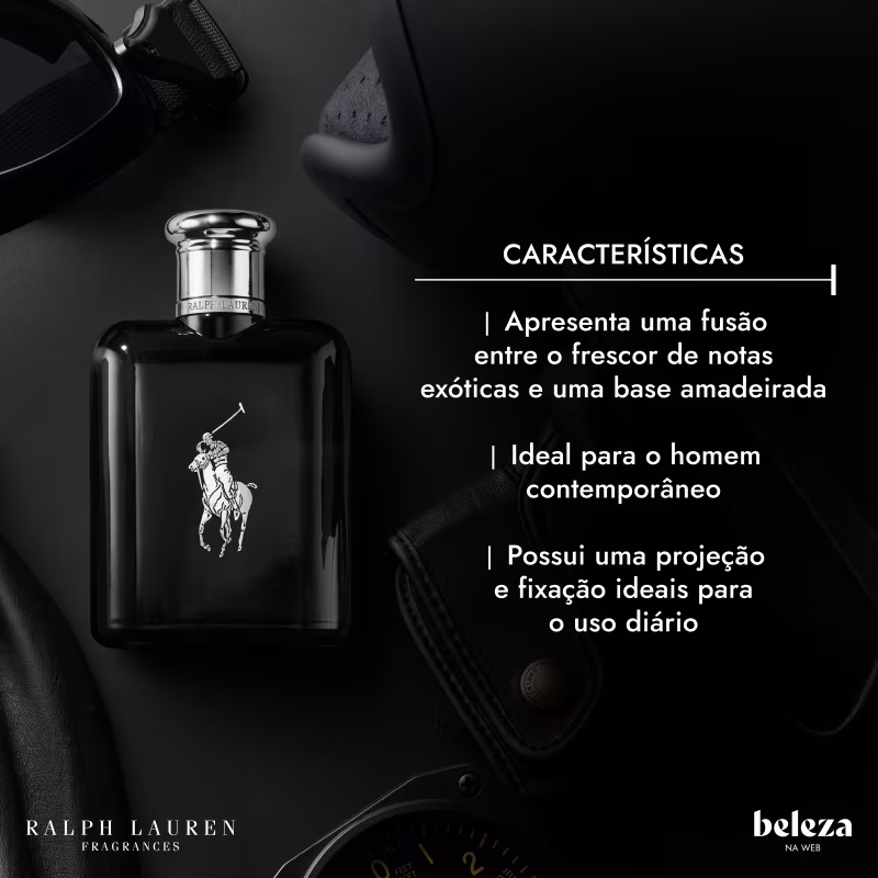 Frasco de item de perfumaria da marca Ralph Lauren com projeção e fixação ideais para uso diário, apresentando fusão entre notas exóticas e base amadeirada.