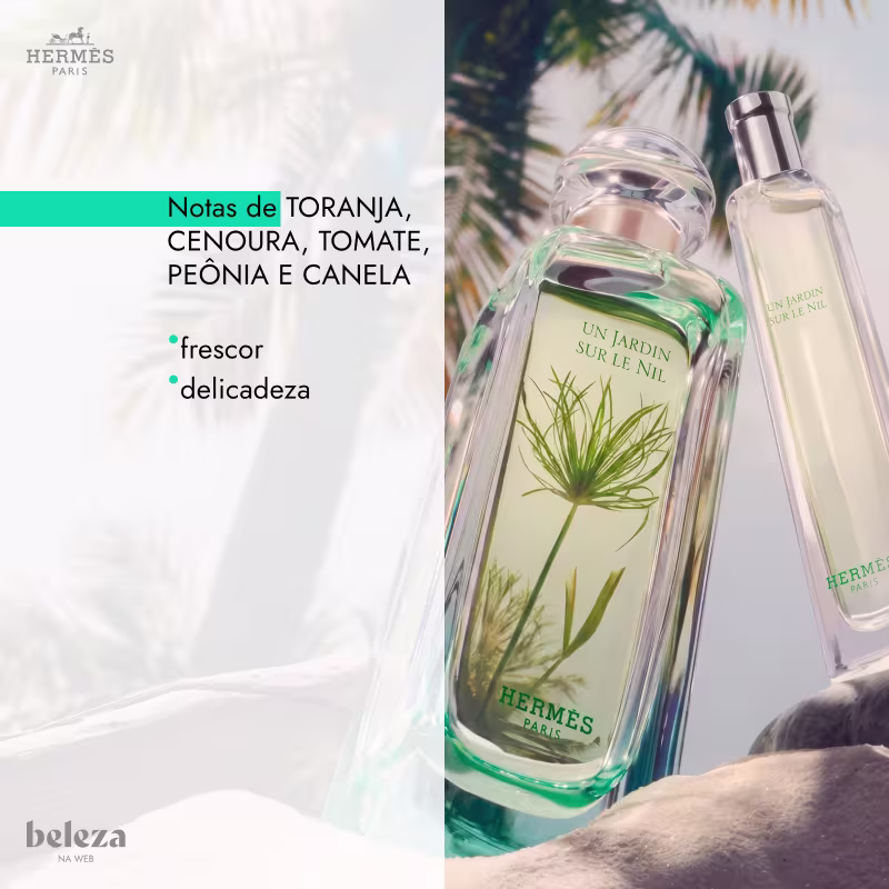 Dois itens de perfumaria da marca Hermès com notas de toranja, cenoura, tomate, peônia e canela, destacando frescor e delicadeza.