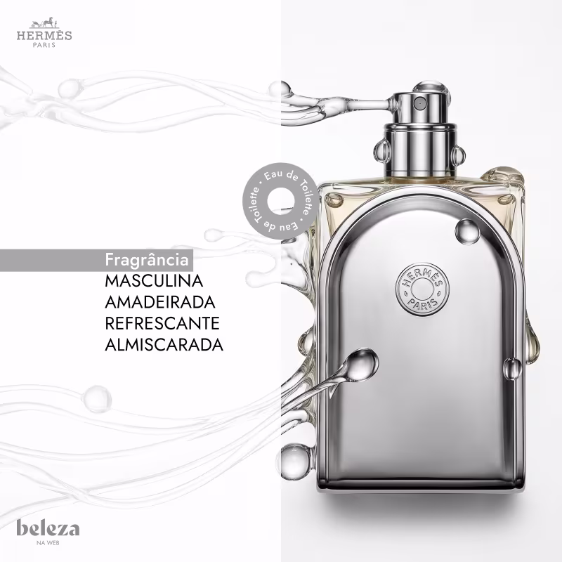 Frasco de item de perfumaria da marca Hermès com design elegante e detalhes em metal, contendo líquido claro com texto "Fragrância Masculina Amadeirada Refrescante Almiscarada".