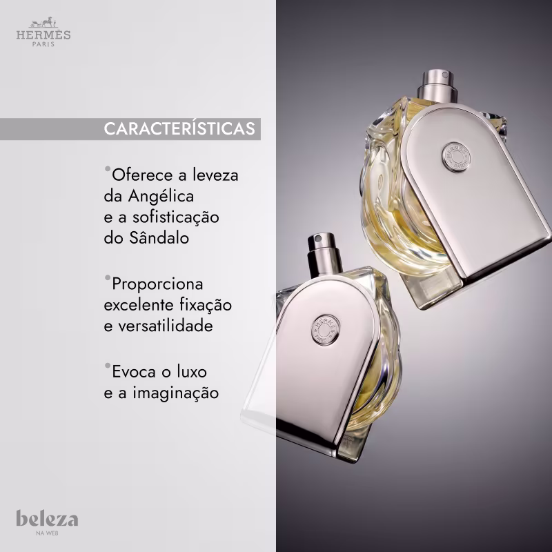 Dois frascos de item de perfumaria da marca Hermès, com textura e cores contrastantes, evocando luxo e imaginação, com informações sobre características como fixação e versatilidade.