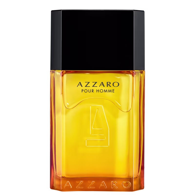 Frasco de perfume masculino Azzaro pour homme, com embalagem preta e amarela, contendo líquido âmbar. O rótulo exibe o nome da marca "AZZARO" em letras grandes.