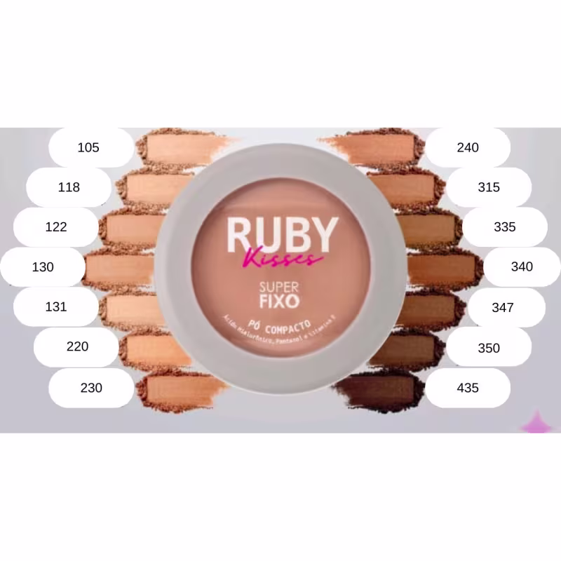 A imagem mostra uma embalagem redonda de pó compacto ao lado da amostra das 14 cores disponíveis do produto, junto com a numeração das cores.