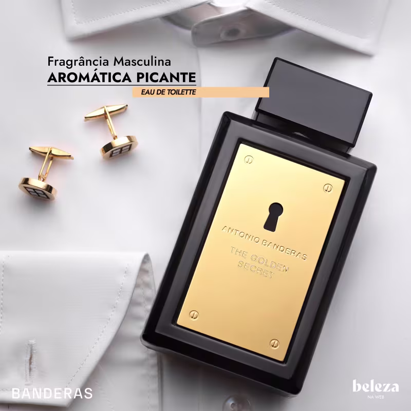 Frasco de item de perfumaria masculino da marca Banderas, com texto "Fragrância Masculina Aromática Picante" e "The Golden Secret" em embalagem preta e dourada.