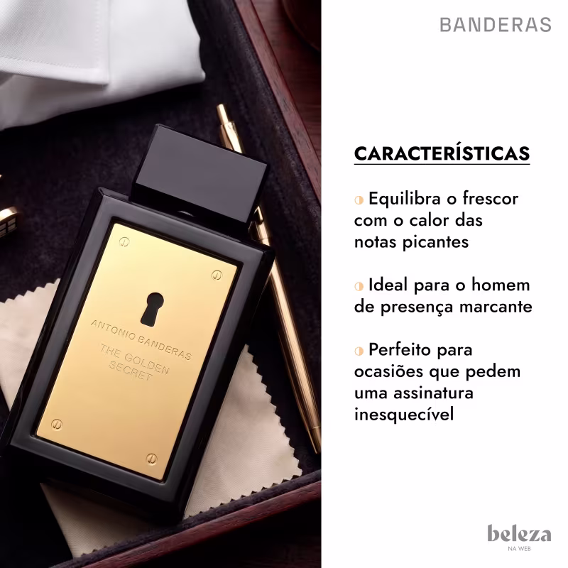 Embalagem preta e dourada de item de perfumaria da marca Banderas, com texto listando as características.