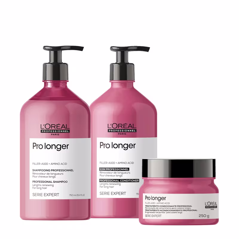 A imagem mostra um kit de L'Oréal Professionnel, linha Expert Pro Longer, sendo um shampoo e o condicionador com válvula pump e um pote redondo de máscara. Todos possuem a cor rosa escuro e tampa na cor preta.