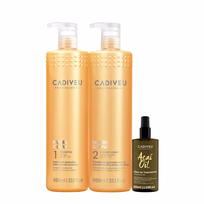 Kit Cadiveu Professional Nutri Glow Shampoo Condicionador G e Açai Oil 60 (3 produtos)
