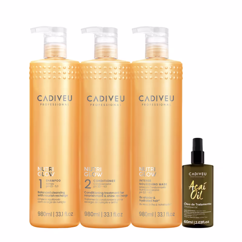 Kit Cadiveu Professional Nutri Glow Shampoo Condicionador Máscara G e Açaí Oil 60 (4 produtos)