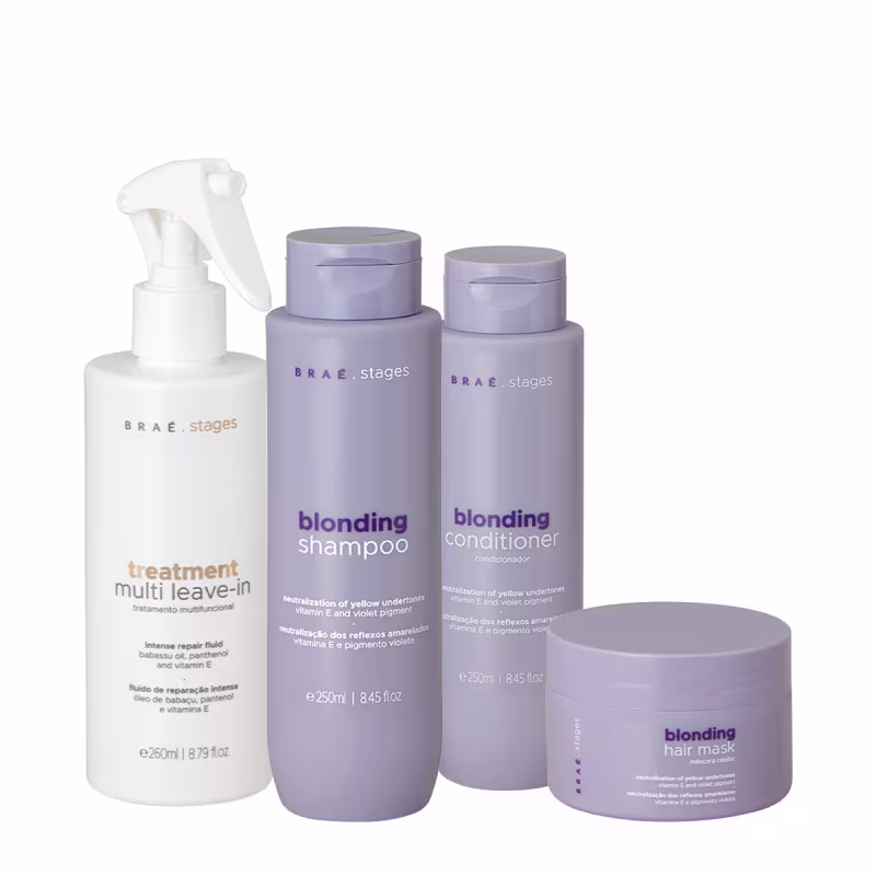 Conjunto de produtos Braé stages, incluindo um tratamento multi leave-in, shampoo e condicionador blonding, além de uma máscara capilar blonding, em embalagens de plástico branco e lilás.