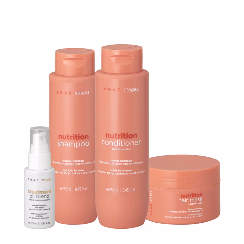 Conjunto de produtos de cuidados capilares da marca Braé, incluindo shampoo, condicionador, máscara capilar Stages Nutrition e óleo de tratamento Stages Treatment