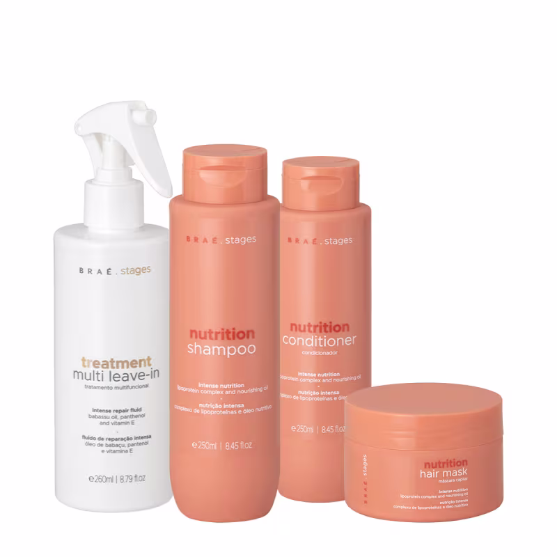 Conjunto de produtos de beleza da marca Braé, incluindo um tratamento multi leave-in, shampoo e condicionador de nutrição, além de uma máscara capilar de nutrição, em embalagens brancas e laranja.