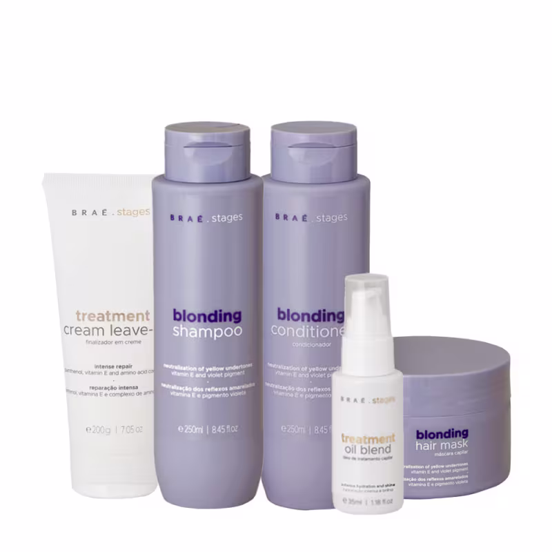 Conjunto de produtos Braé para tratamento de cabelos loiros, incluindo shampoo, condicionador, máscara capilar e creme finalizador, em embalagens de plástico de tons roxos e brancos.
