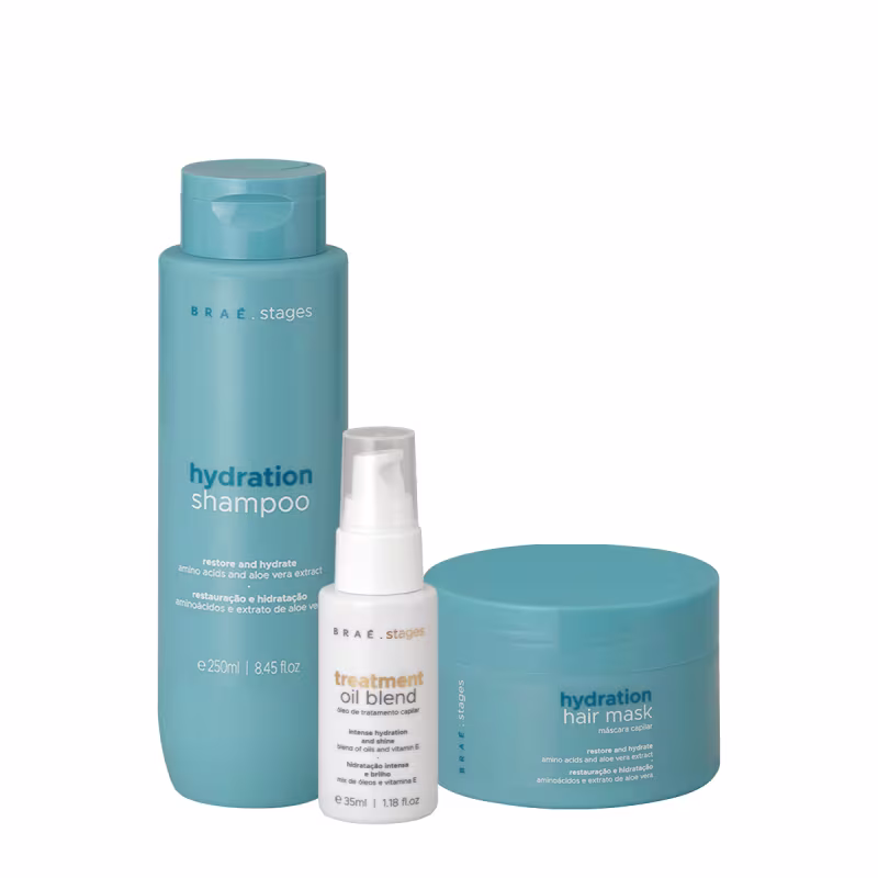 Conjunto de produtos da marca Braé, shampoo e máscara Stages Hydration e óleo de tratamento Stages Treatment Oil.
