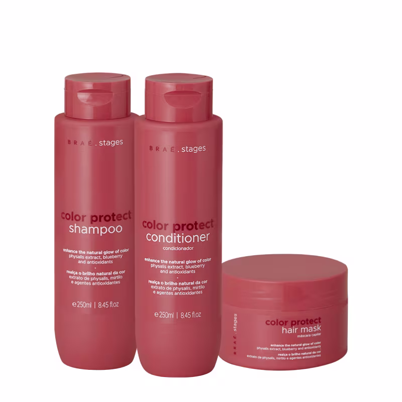 Conjunto de produtos Braé para proteção da cor do cabelo, incluindo shampoo, condicionador e máscara, em embalagens de plástico vermelho com detalhes em branco.