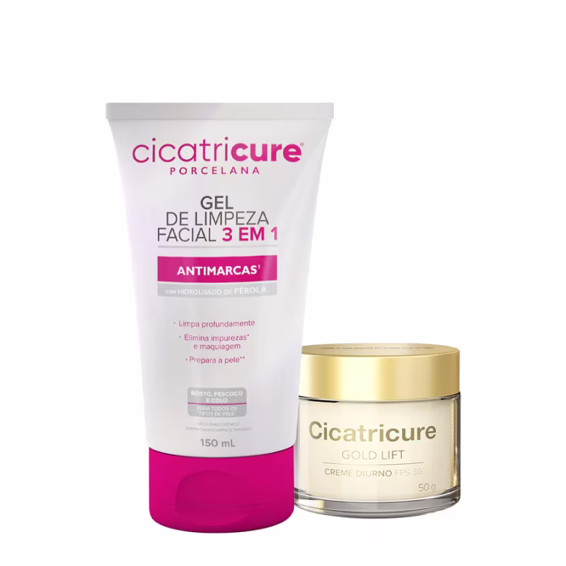 Gel de limpeza facial 3 em 1 Antimarcas da marca Cicatricure, com hidrolisado de pérola, em embalagem de 150 ml. Também apresenta o produto Cicatricure Gold Lift, um creme diurno FPS 30 em embalagem de 50 g.