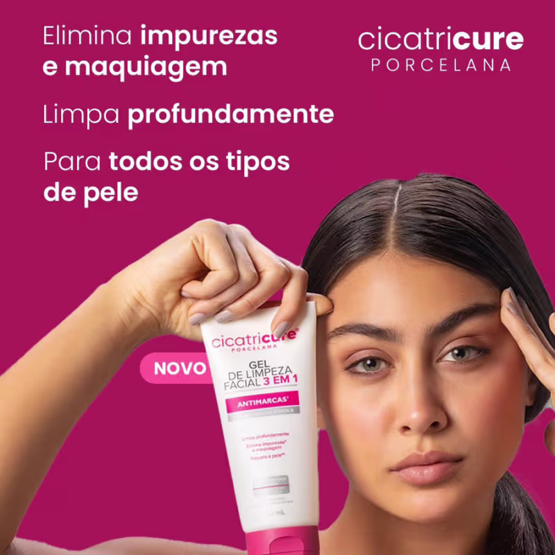 Elimina impurezas e maquiagem. Limpa profundamente. Para todos os tipos de pele. Cicatricure Porcelana - Novo Gel de Limpeza Facial 3 em 1 Antimarcas.
