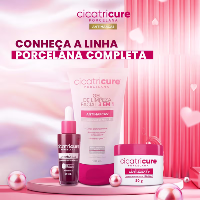 Conheça a linha Porcelana completa Cicatricure Porcelana Antimarcas, com Gel de Limpeza Facial 3 em 1 e Gel Creme Facial Antimarcas, com hidrosilado de pérola.
