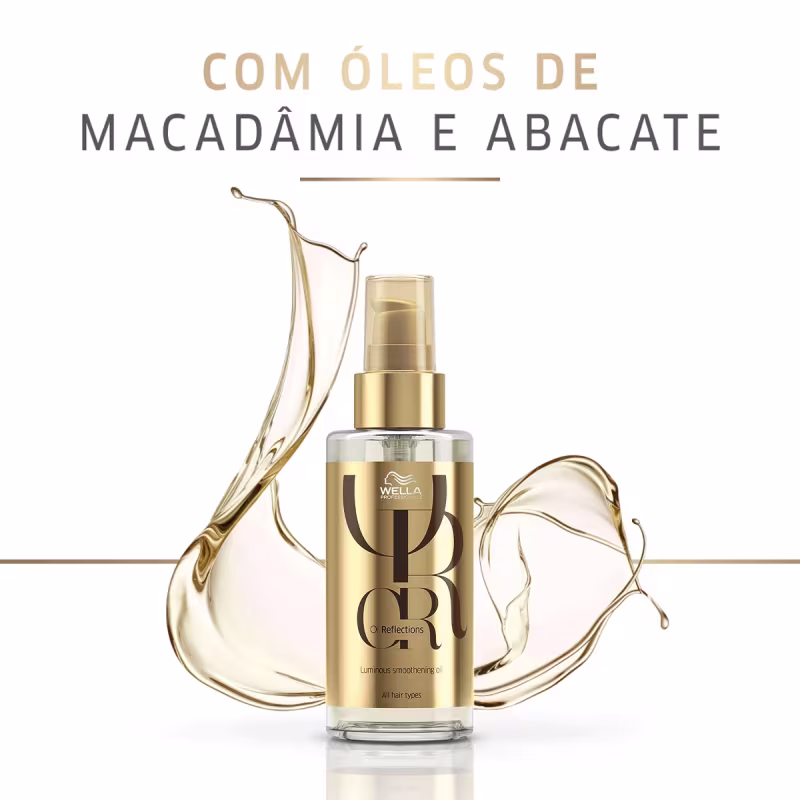 Óleo capilar Wella Professionals Oil Reflections. Salpicos de óleo dourado decorativos ao redor do frasco. Indicado para todos os tipos de cabelo. Embalagem com cores dourada e transparente, transmitindo uma aparência luxuosa.