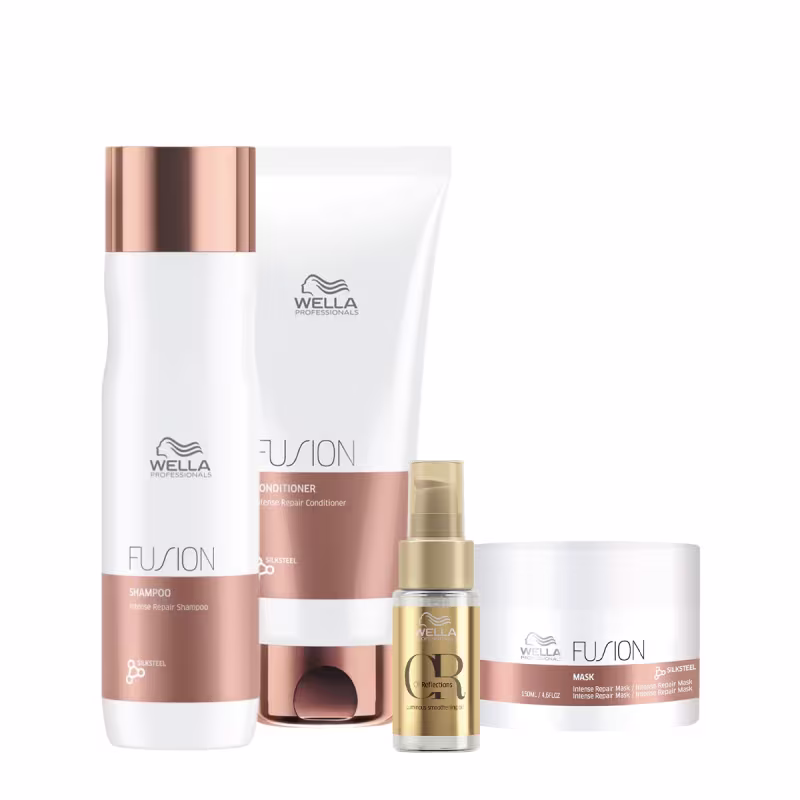 Há um shampoo e um condicionador da linha Fusion. Também está presente um óleo de brilho luminoso da linha Oil Reflections, em um frasco transparente com tampa dourada. Por fim, há uma máscara de tratamento da linha Fusion.