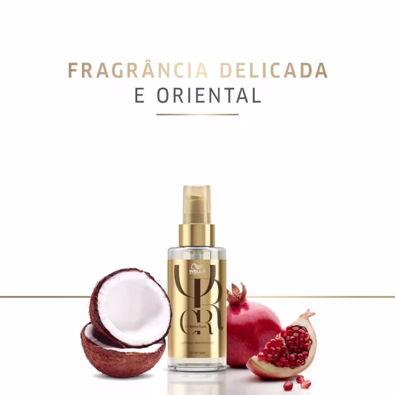 A embalagem é um frasco transparente com tampa dourada. O texto "Fragrância Delicada e Oriental" está na parte superior da imagem. Ao lado há uma romã aberta exibindo suas sementes vermelhas e uma noz de coco partida ao meio, mostrando sua polpa branca.