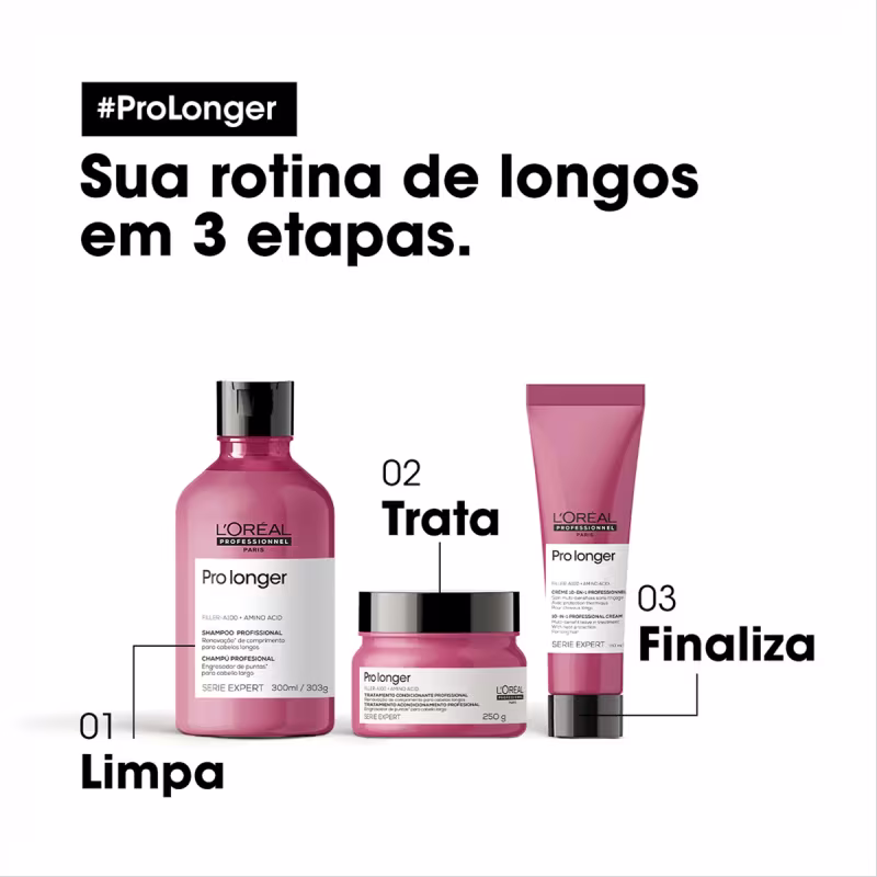 A imagem apresenta uma linha de produtos de cuidados capilares da marca L'Oréal Professionnel, chamada Pro Longer.
