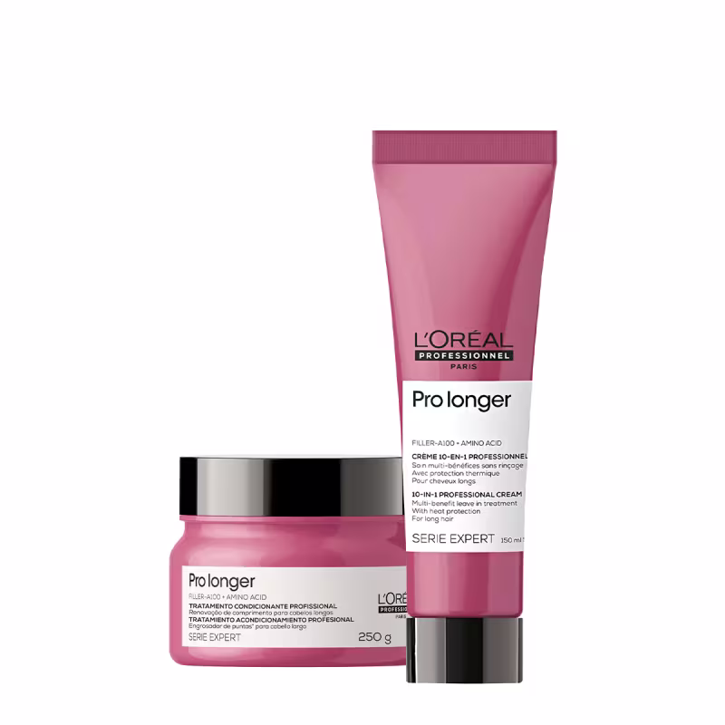 A imagem mostra dois produtos de tratamento capilar da linha Serie Expert Pro Longer, da L'Oréal Professionnel.