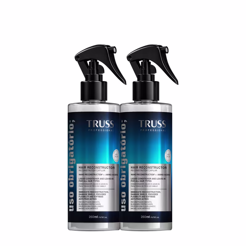 Dois frascos de spray pretos da linha Truss Professional, contendo um condicionador líquido para reconstrução capilar. Os frascos possuem rótulos azuis com o nome da marca e a descrição do produto.