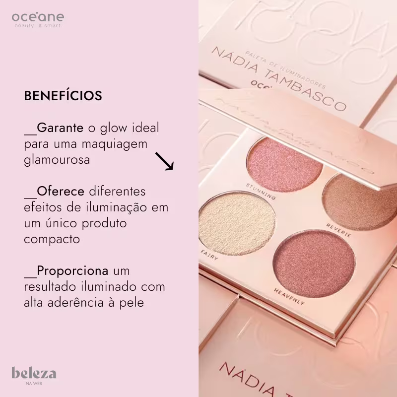Benefícios: Garante o glow ideal para uma maquiagem glamourosa, Oferece diferentes efeitos de iluminação em um único produto compacto, Proporciona um resultado iluminado com alta aderência à pele.