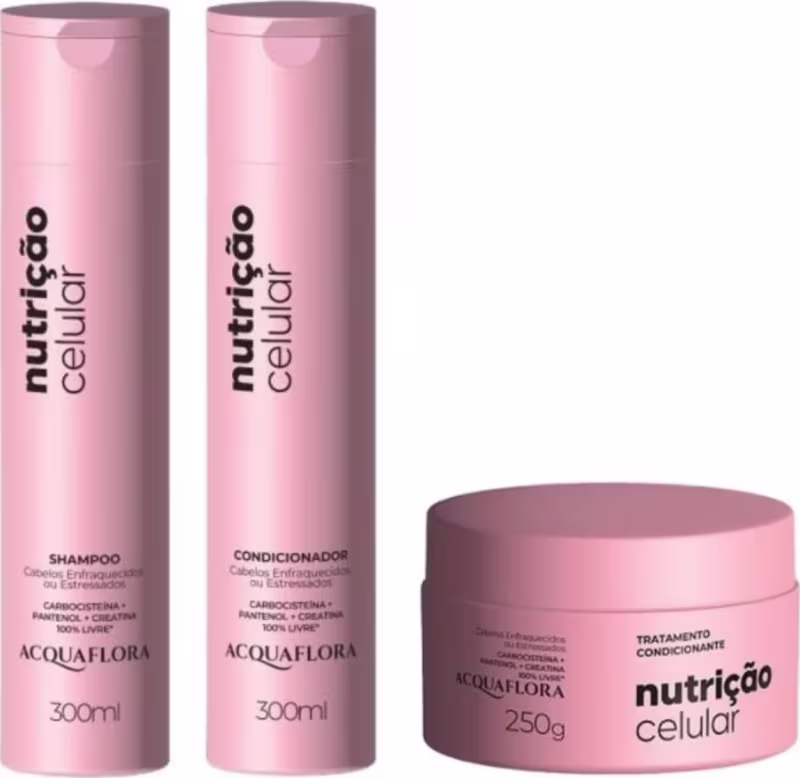 Conjunto de produtos Acquaflora da linha Nutrição Celular: shampoo, condicionador e tratamento capilar em embalagens rosa com rótulos pretos.
