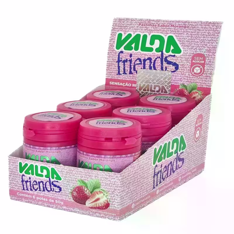 Pastilha Valda Friends Morango Display 6 Potes De 50g Cada