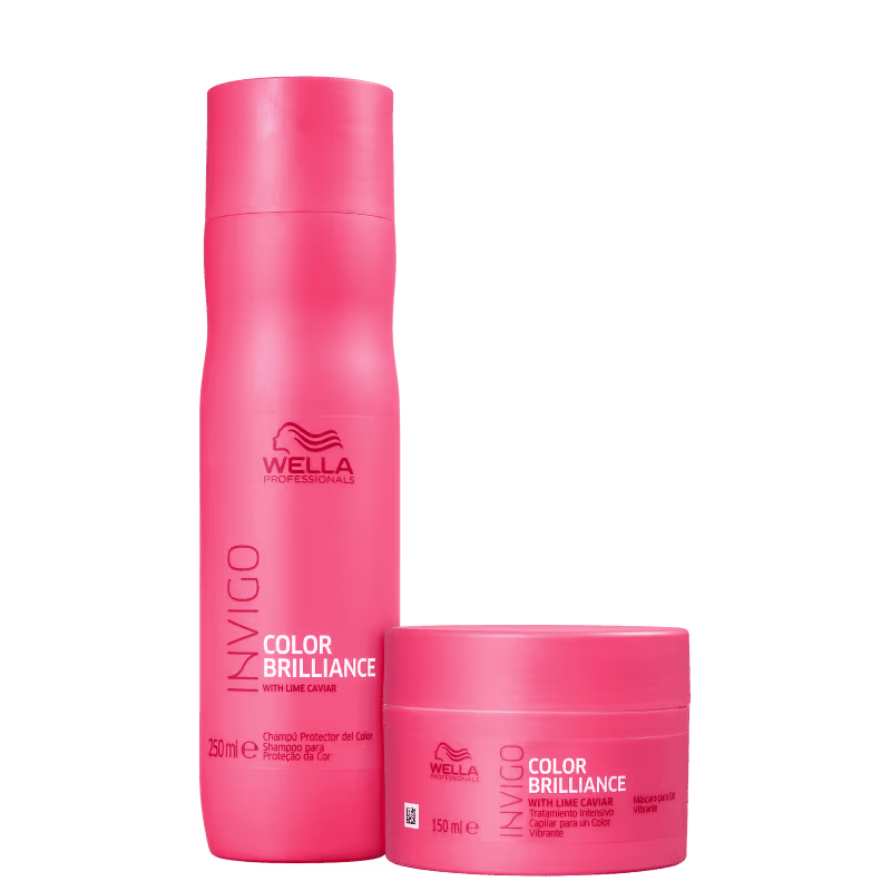 Dois produtos da linha Wella Professionals Color Brilliance, com embalagens em tom de rosa vibrante. Um frasco de shampoo e um pote de máscara, ambos com o nome da linha e o texto "with lime caviar" visível.