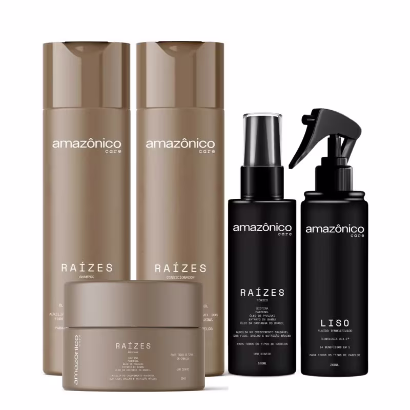 Kit Raízes Shampoo + Máscara + Condicionador + Tônico +  Liso Fluido Termoativo  | Amazônico Care