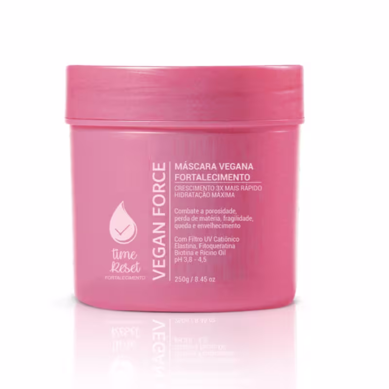 Máscara capilar vegana da marca Nuance Professional. A embalagem é um recipiente rosa com tampa, contendo 250g do produto.